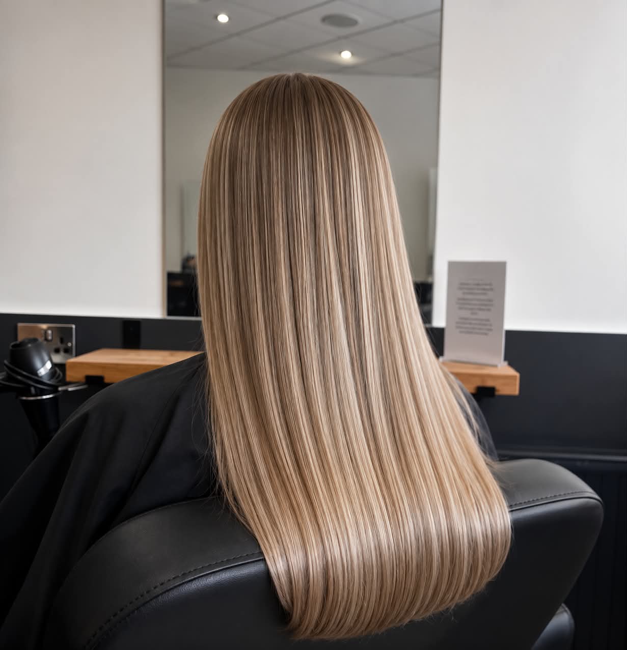 Sleek blonde balayage with a glossy finish, styled at Strands