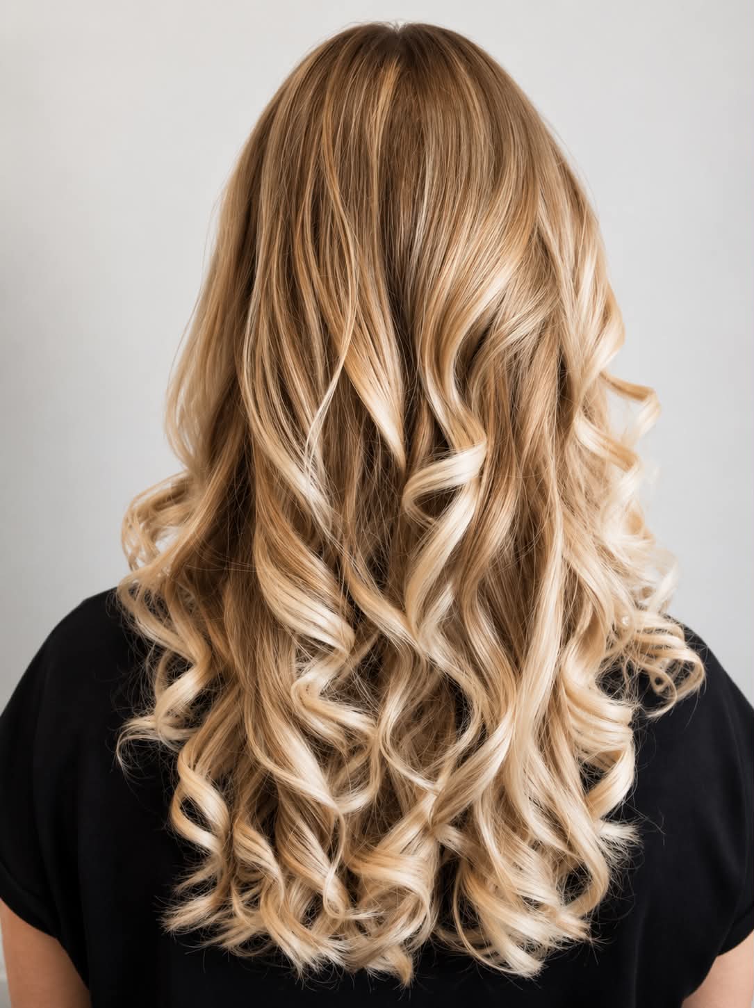 Long soft blonde curls with balayage, styled at Strands