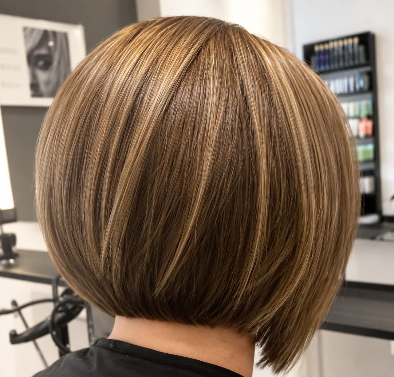 Classic graduated brown bob with highlights, cut at Strands